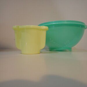 Vintage Tupperware Green Colander and Yellow Sugar Container/Snap Lid